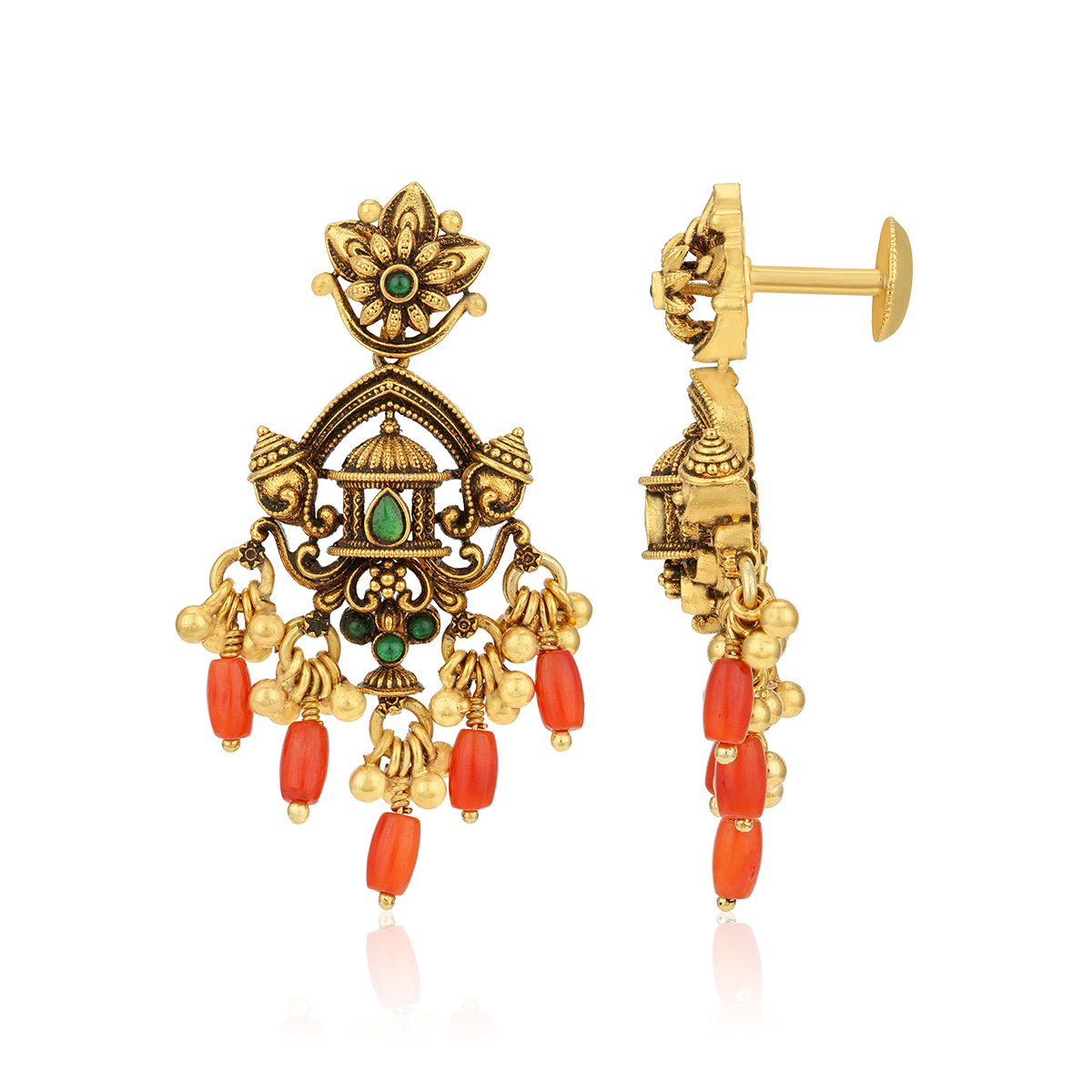 Antique Temple Arch Coral Drop 925 Sterling Silver Gold Plated Earrings for Women