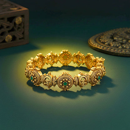 Antique Temple Floral 925 Sterling Silver Green Stone Bangle for Women