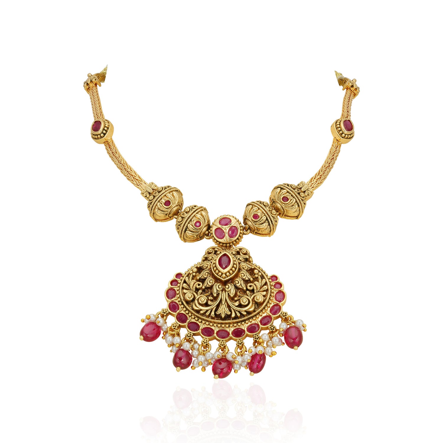 Antique Temple Floral Gold Plated 925 Sterling Silver Pink Drop Necklace for Women