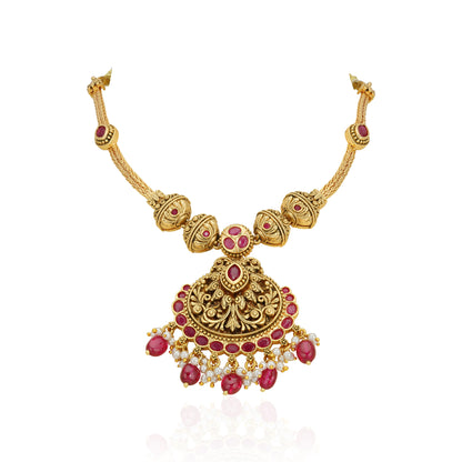 Antique Temple Floral Gold Plated 925 Sterling Silver Pink Drop Necklace for Women