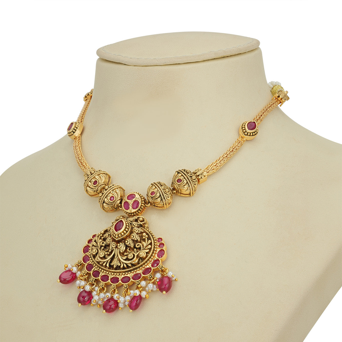 Antique Temple Floral Gold Plated 925 Sterling Silver Pink Drop Necklace for Women