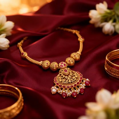 Antique Temple Floral Gold Plated 925 Sterling Silver Pink Drop Necklace for Women