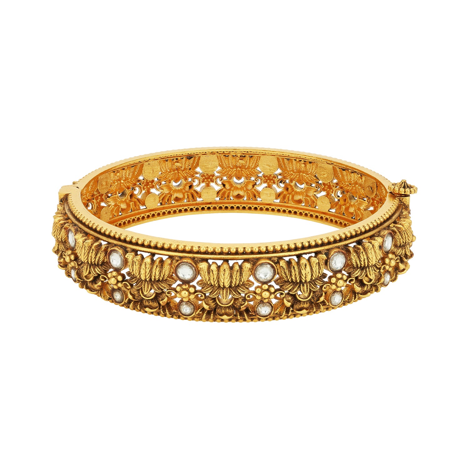 Antique Temple Lotus Cluster 925 sterling Silver Gold Plated Kada for Women