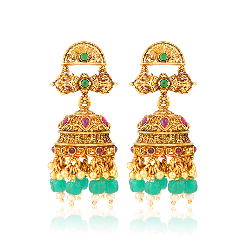 Antique Temple Motif 925 Sterling Silver Green Dangle Earrings for Women