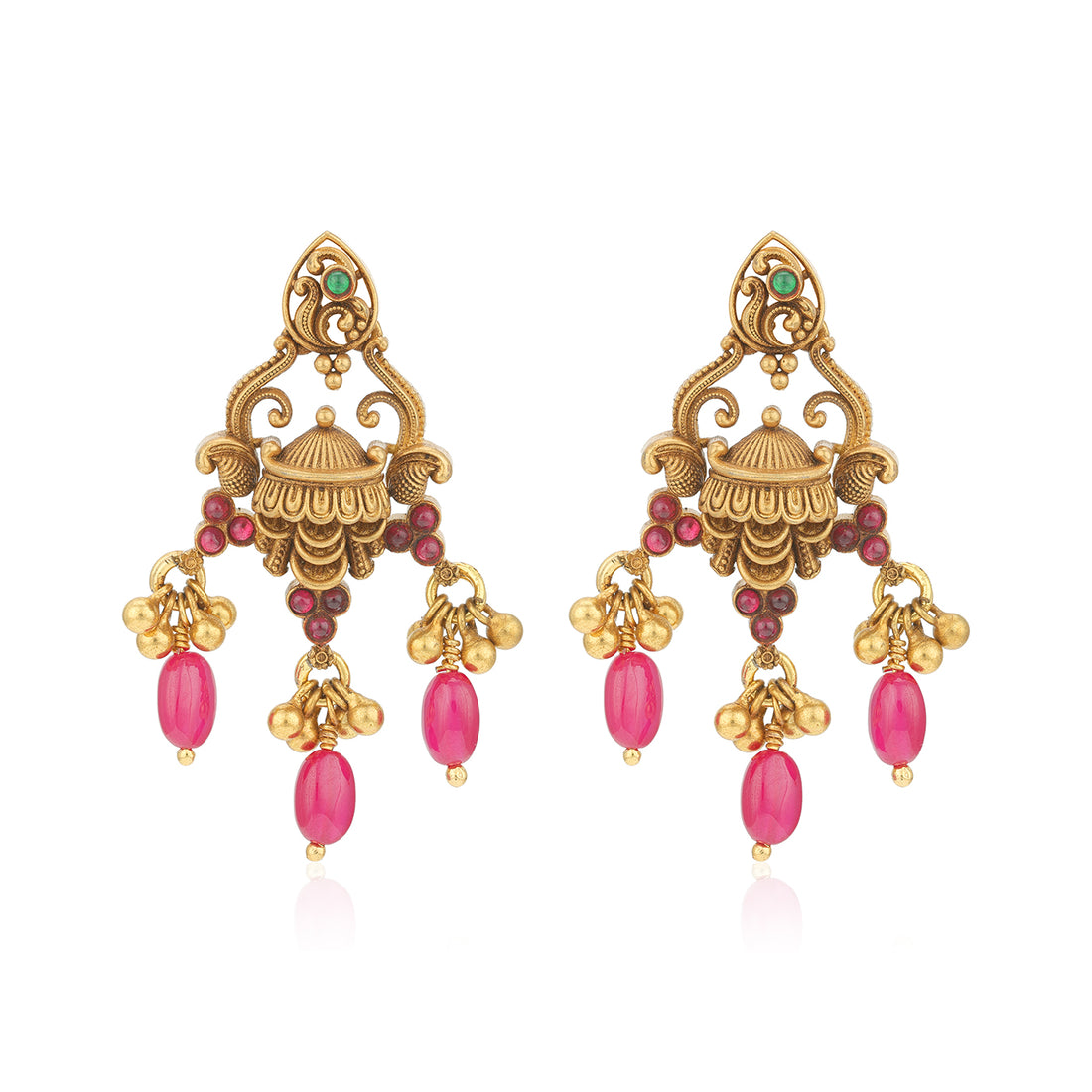 Ornate gold earrings with pink beads on a white background