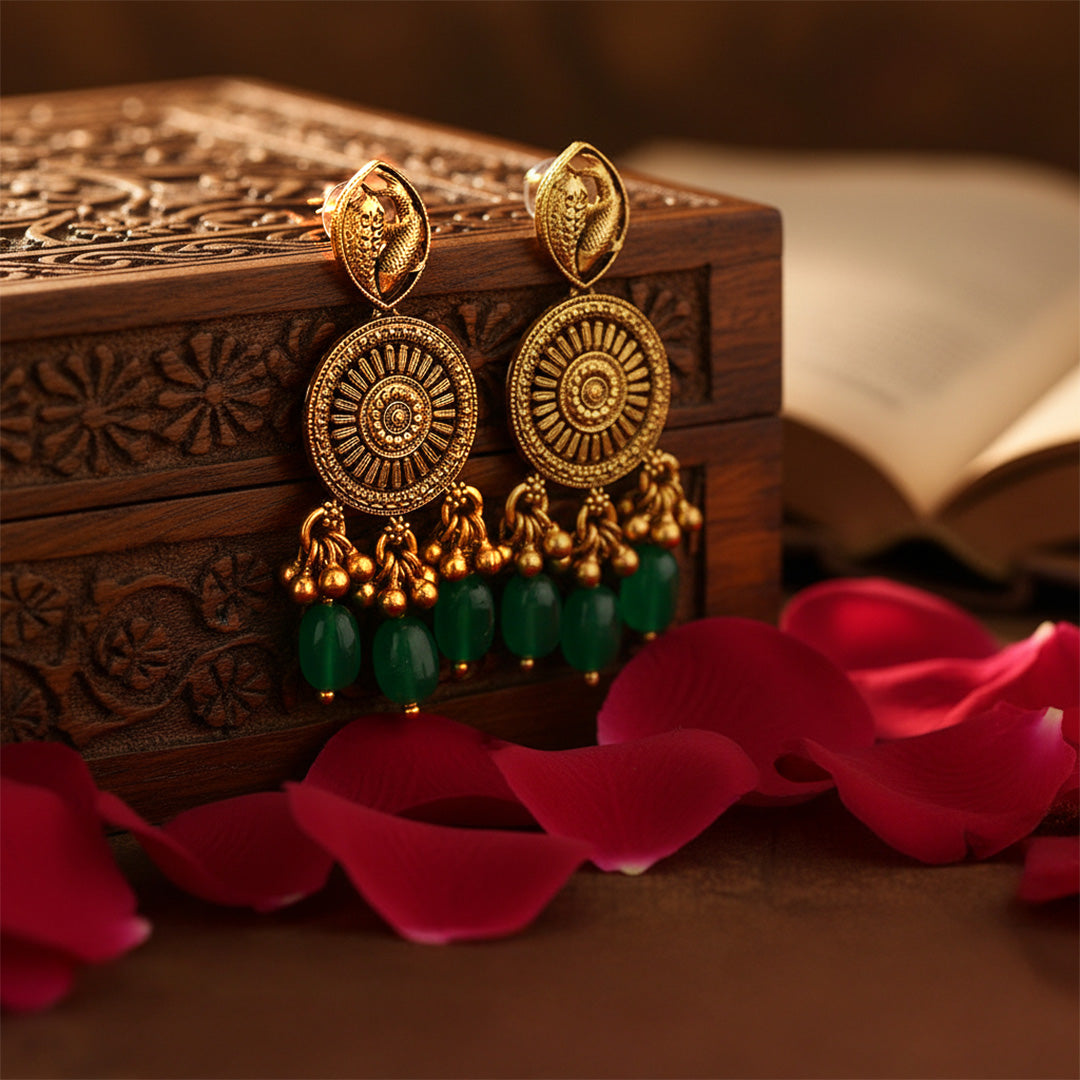 Antique Twin Fish Mandala 925 Sterling Silver Green Bead Drop Earrings for Women