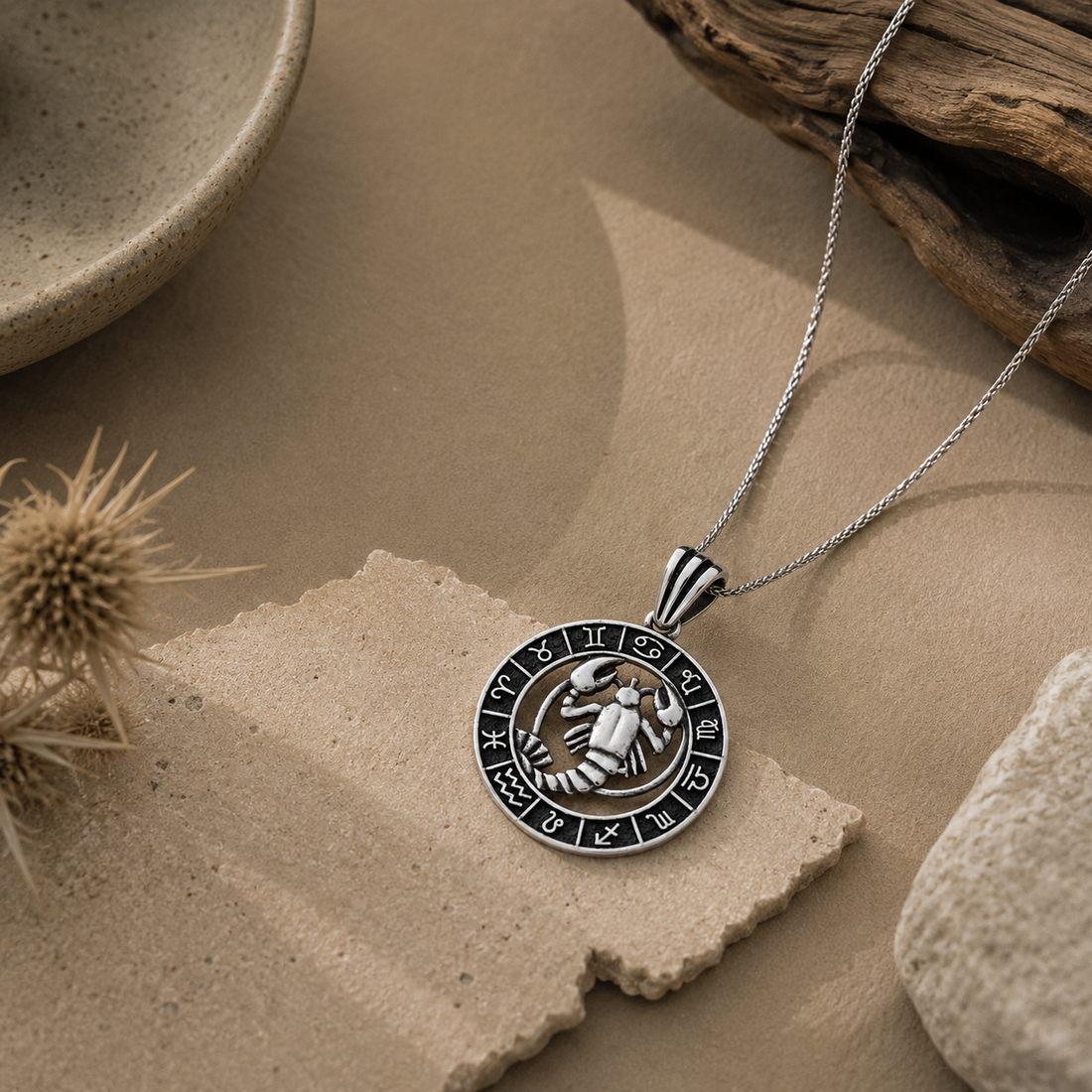 Antique Zodiac Scorpio Disc 925 Sterling Silver Pendant for Men