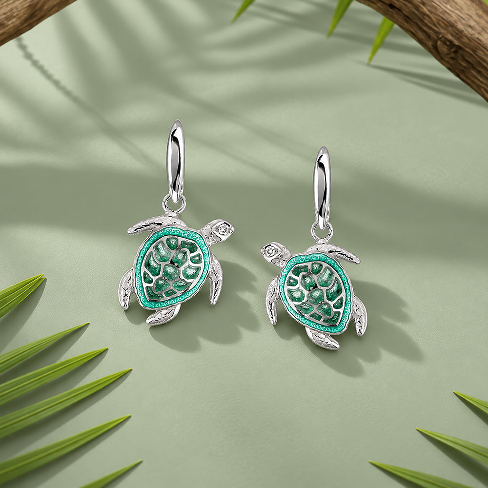 Aqua Shell Turtle Rhodium Plate Earrings