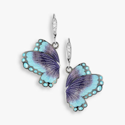 Aqua Blue Butterfly Rhodium Hook Earrings