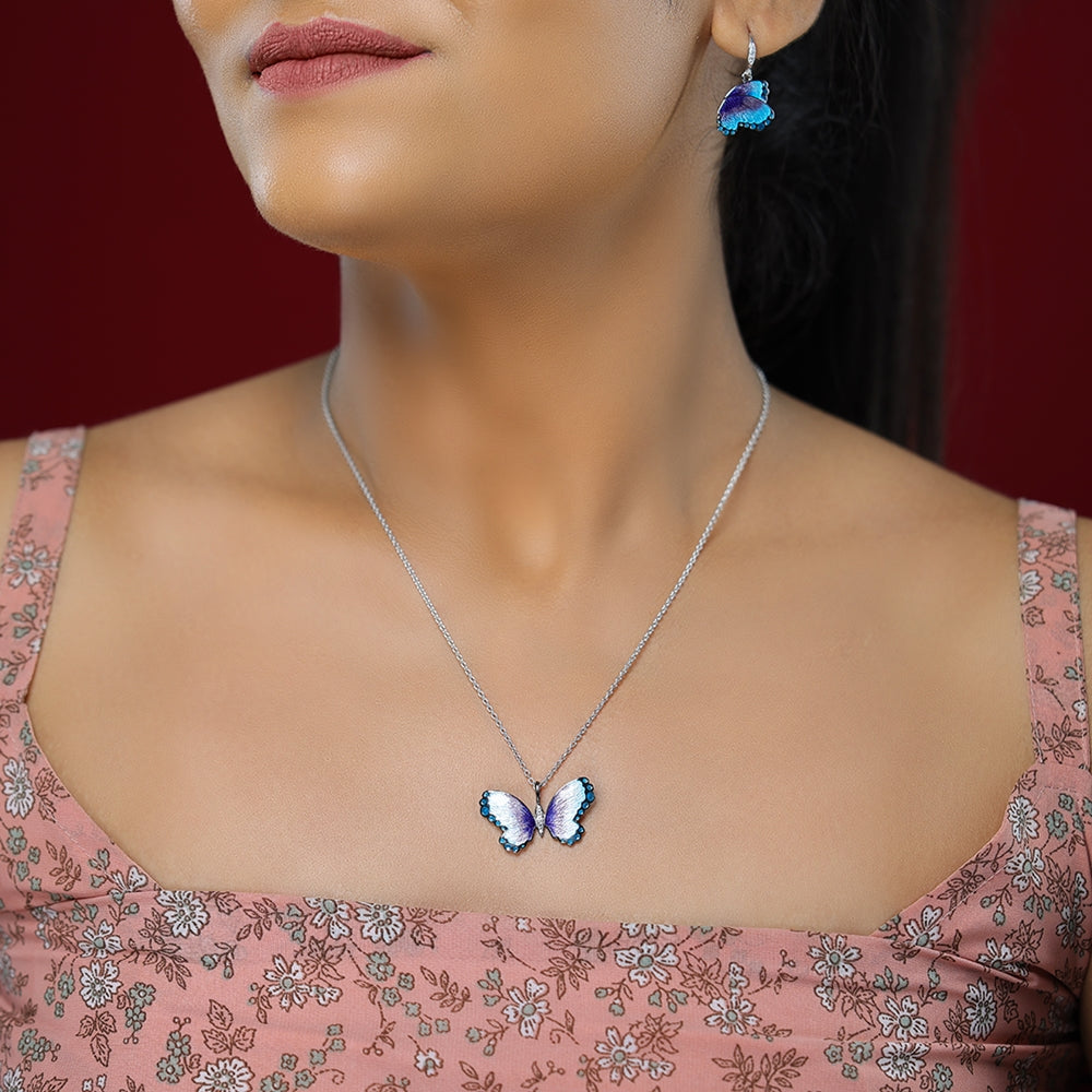 Aqua Blue Butterfly Rhodium Plated Chain Pendants