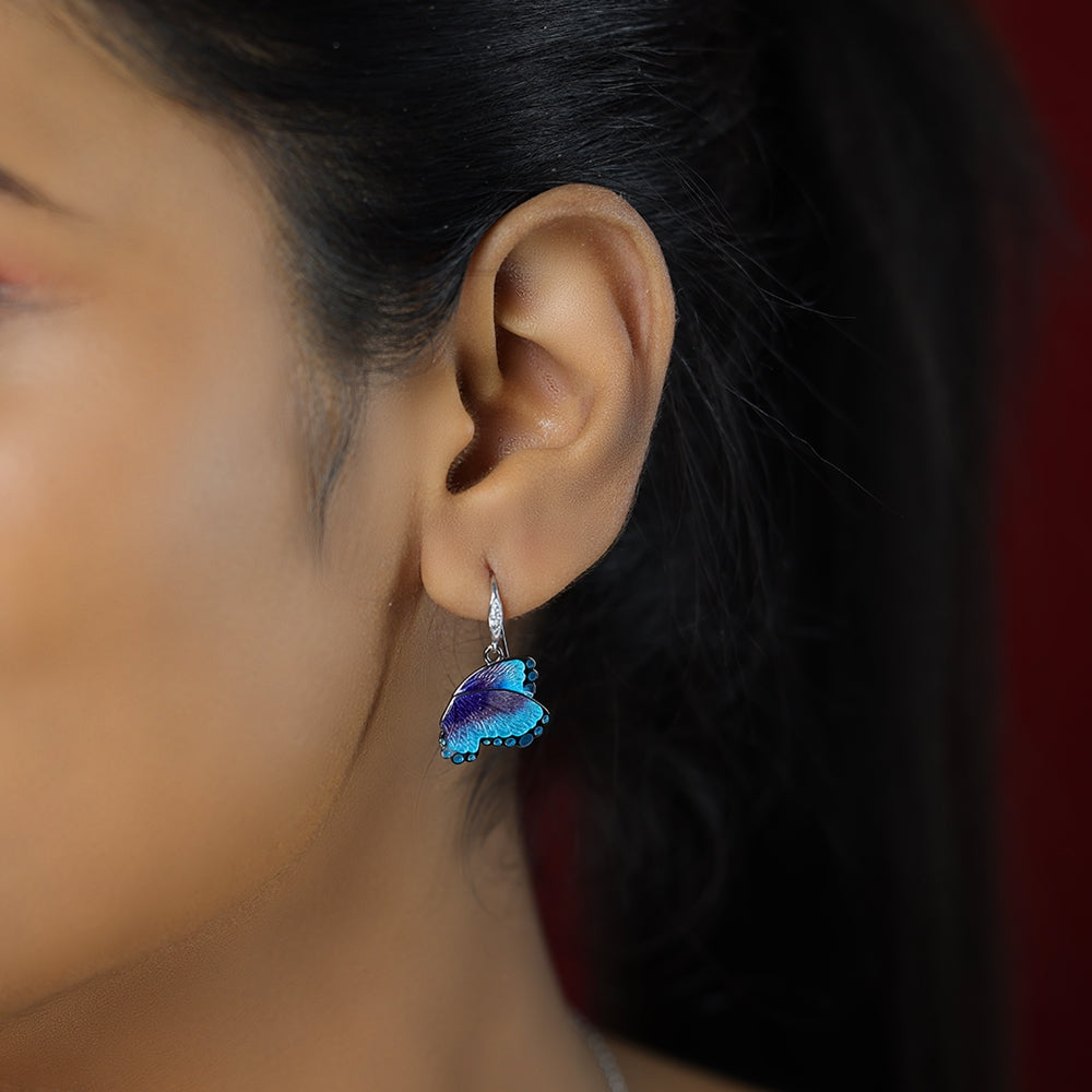 Aqua Blue Butterfly Rhodium Plated Hook Earrings