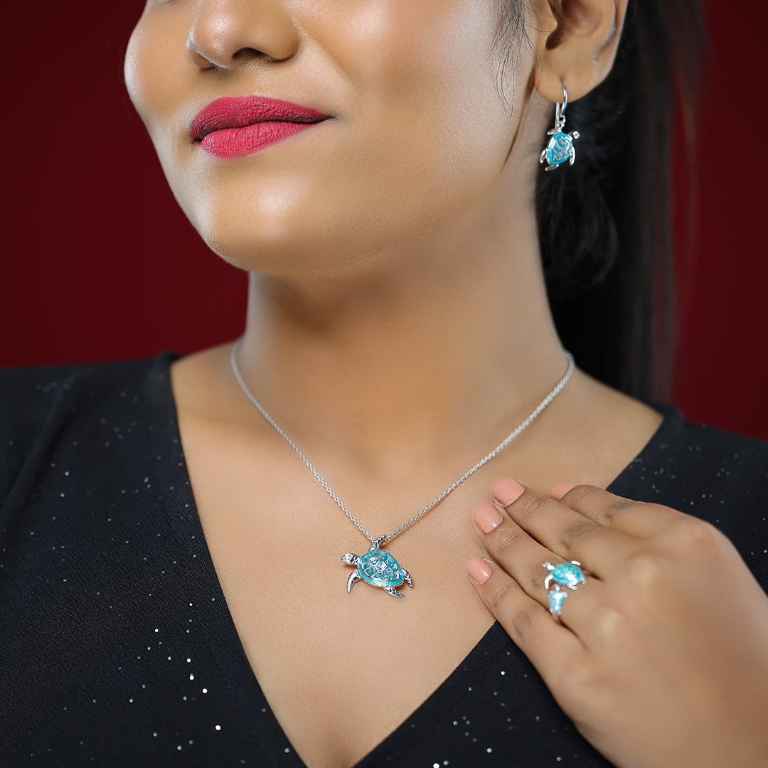 Aqua Shell Turtle Rhodium Plated Chain Pendants