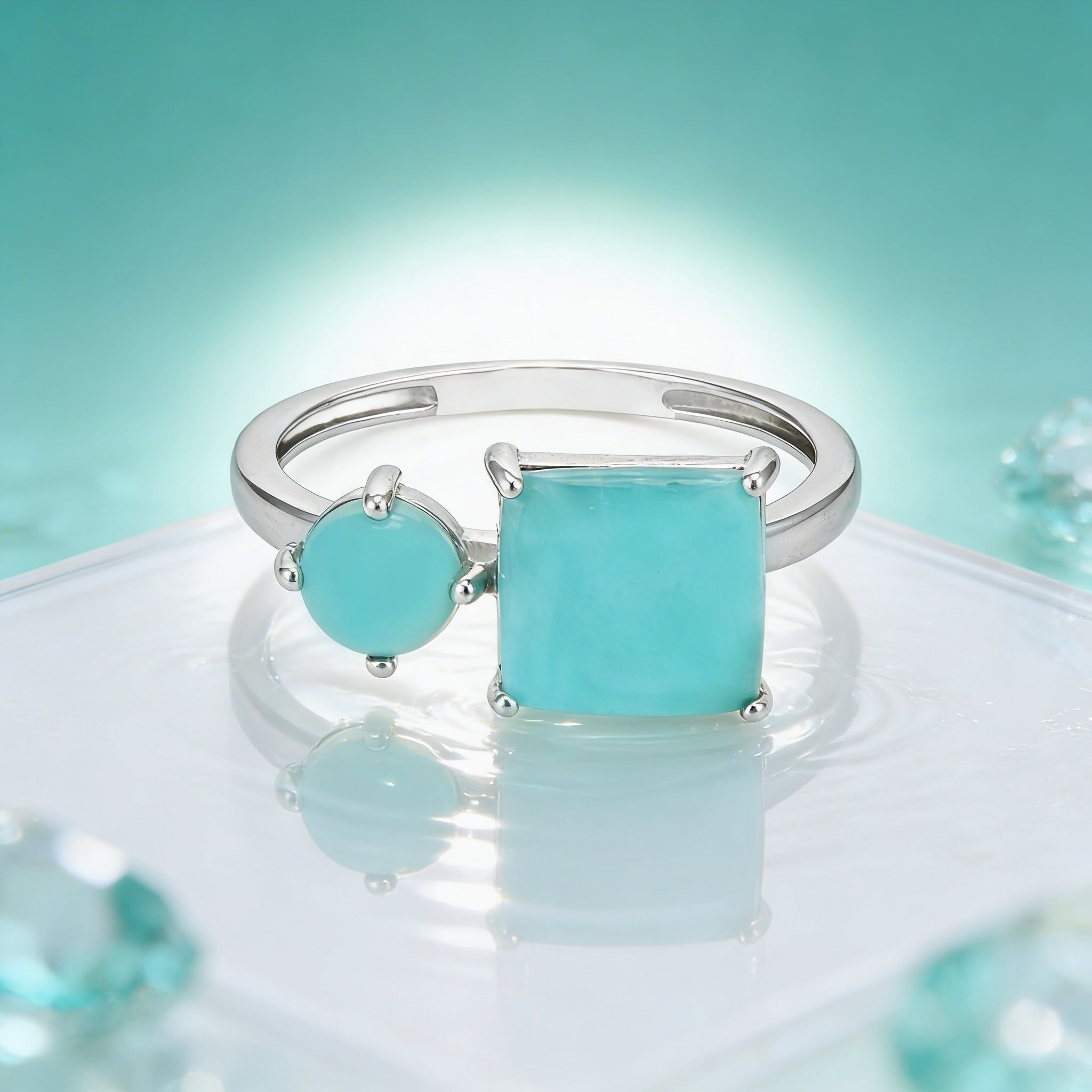 Aqua Stone Circle Square 925 Sterling Silver Ring for Women