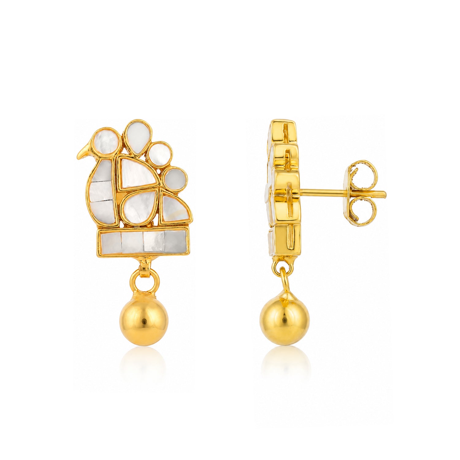 Artistic Golden Bird 925 Sterling Silver Pearl Drop Earrings