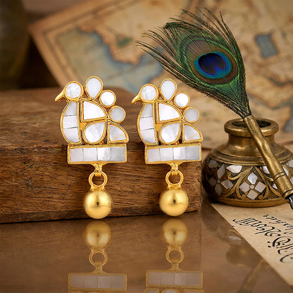Artistic Golden Bird 925 Sterling Silver Pearl Drop Earrings