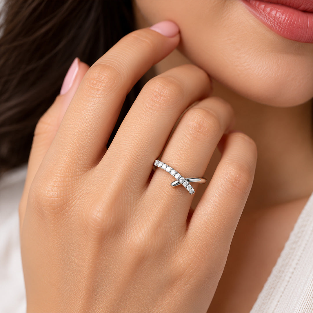 Asymmetrical Criss-Cross Pave Sterling Silver Ring