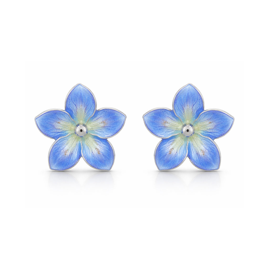 Pair of blue flower-shaped earrings on a white background