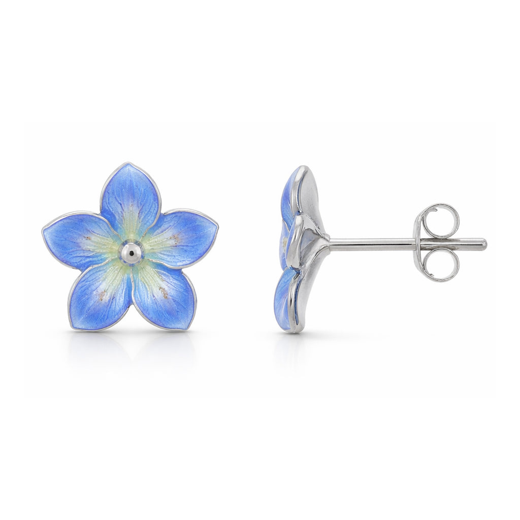 Blue flower-shaped stud earrings on a white background