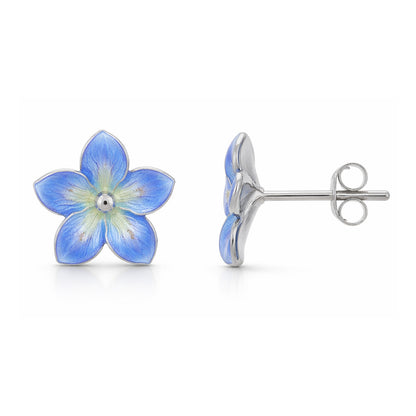 Blue flower-shaped stud earrings on a white background