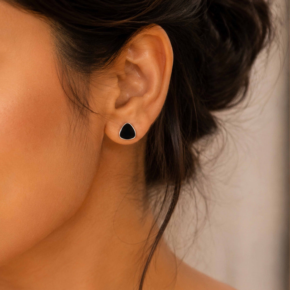 Black Enamel Triangle Silver Stud Earrings