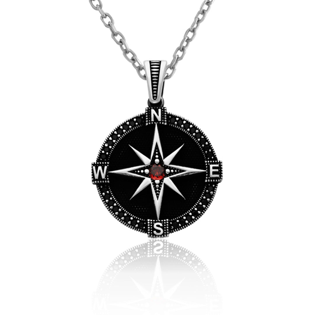 Black Zircon Compass 925 Sterling Silver Pendant
