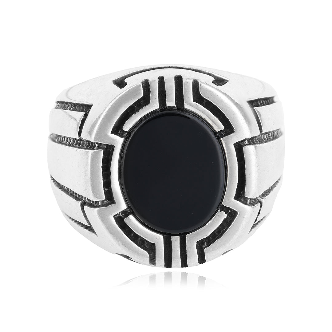 Black Agate Signet Sterling Silver Ring