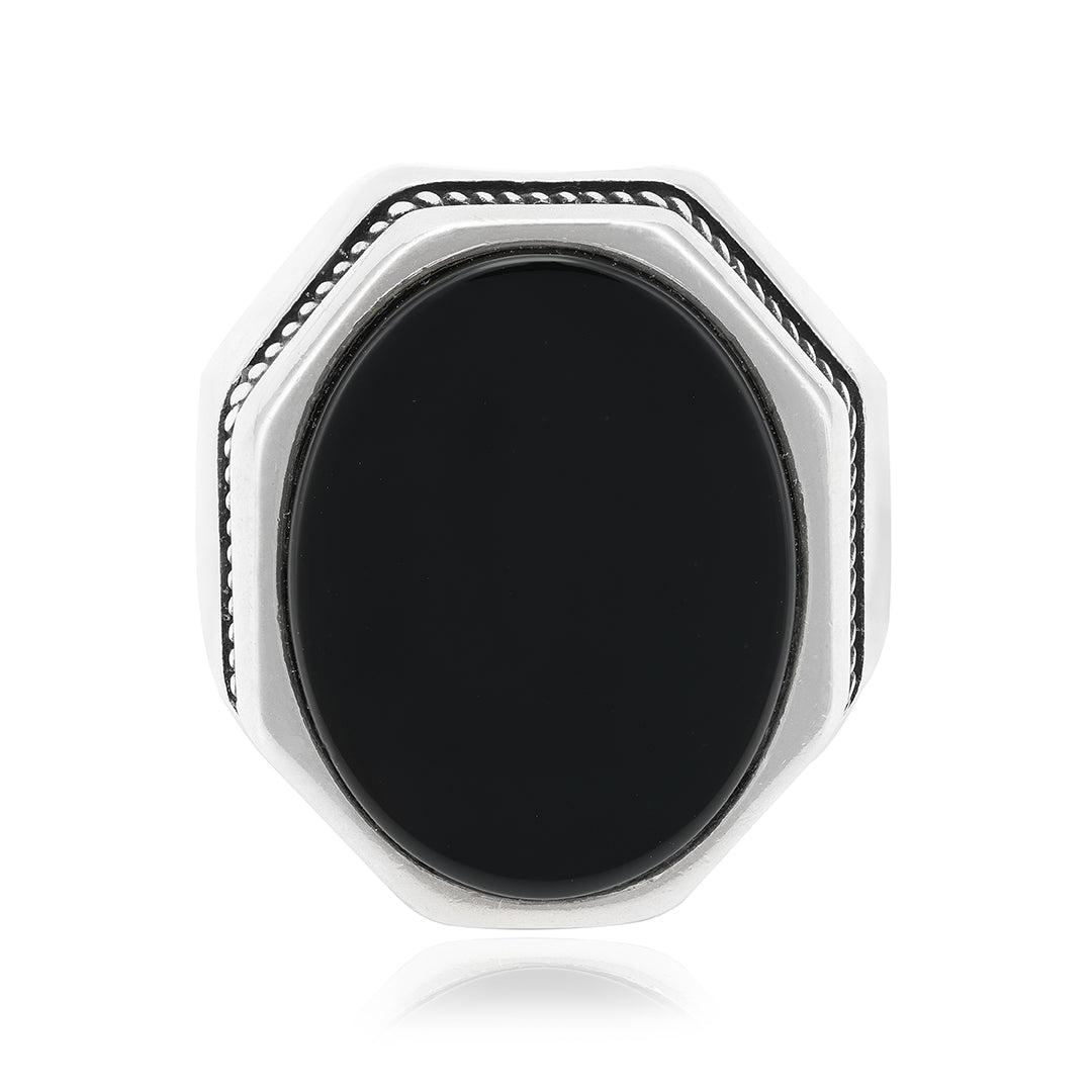 925 Black Agate Sterling Silver Geometric Ring