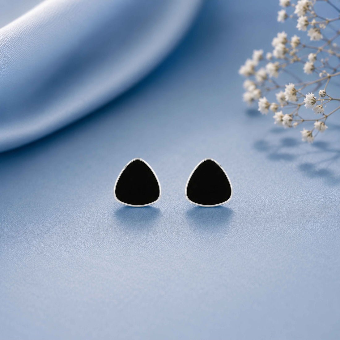 Black Enamel Triangle Silver Stud Earrings