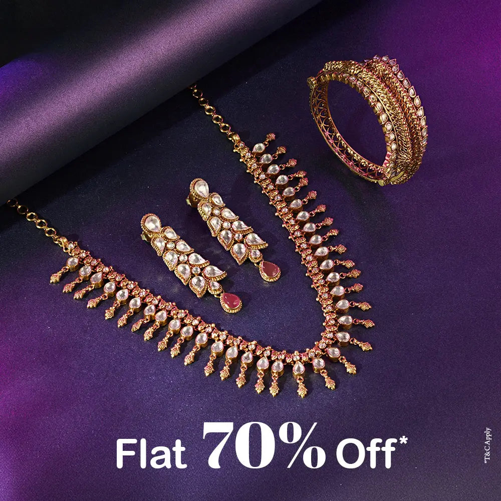 Jewelry set including necklace, earrings, and bangles on a purple background with 'Flat 70% Off' text.