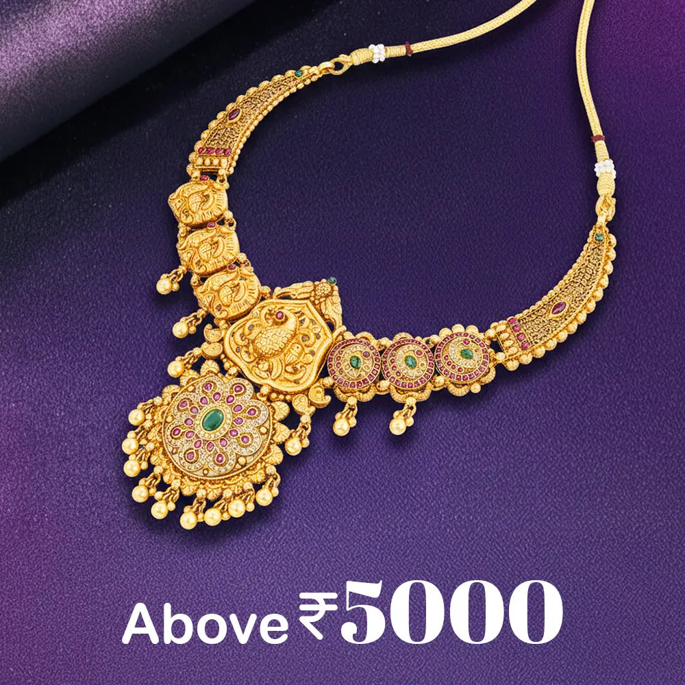 Antique Gold-Plated Necklace With Temple Design Displayed On Purple Background For Jewellery Collection Above ₹5000