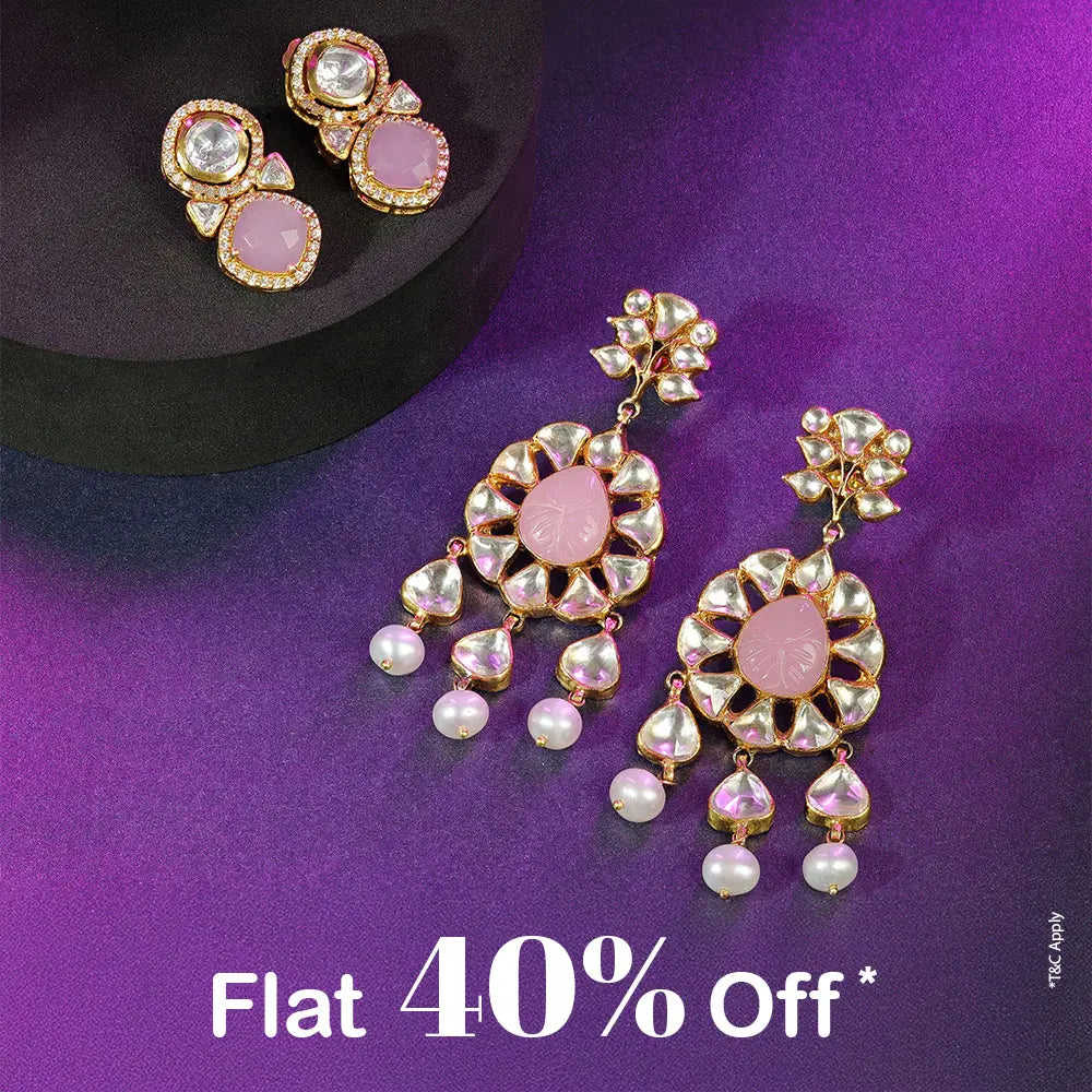 Designer Pink And Pearl Drop Earrings Displayed On Purple Background With Flat 40% Off Offer