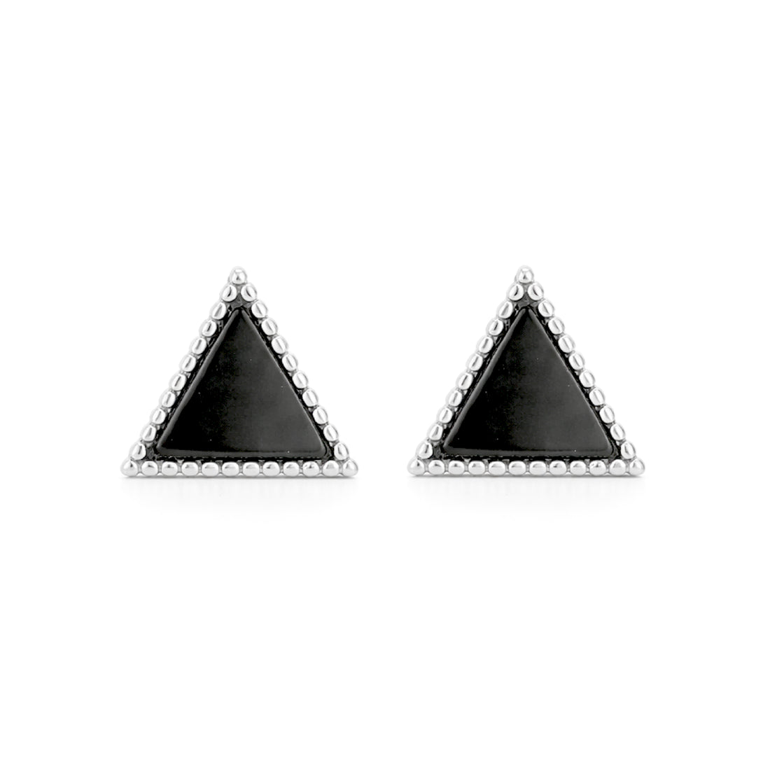 Pair of triangle-shaped earrings with black stones on a white background