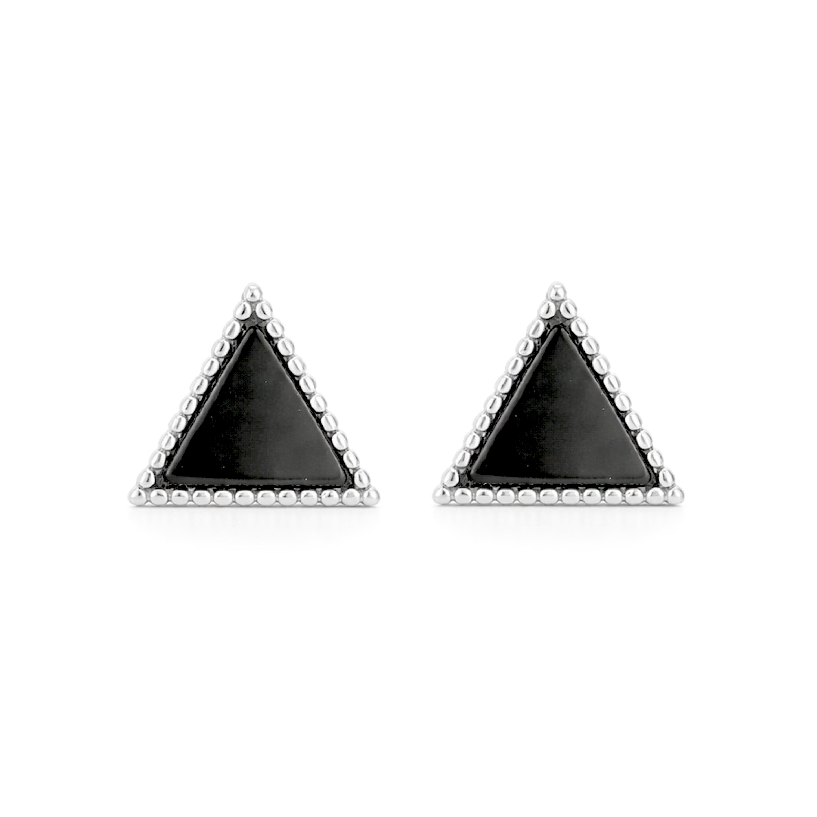 Pair of triangle-shaped earrings with black stones on a white background