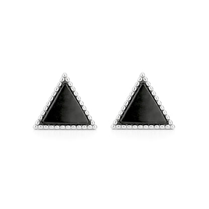 Pair of triangle-shaped earrings with black stones on a white background