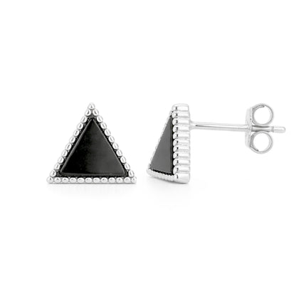 Black triangle-shaped earrings with silver borders on a white background