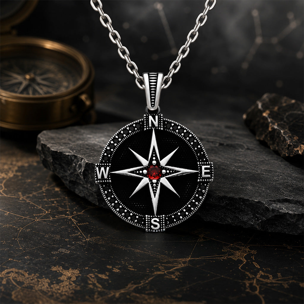 Black Zircon Compass 925 Sterling Silver Pendant