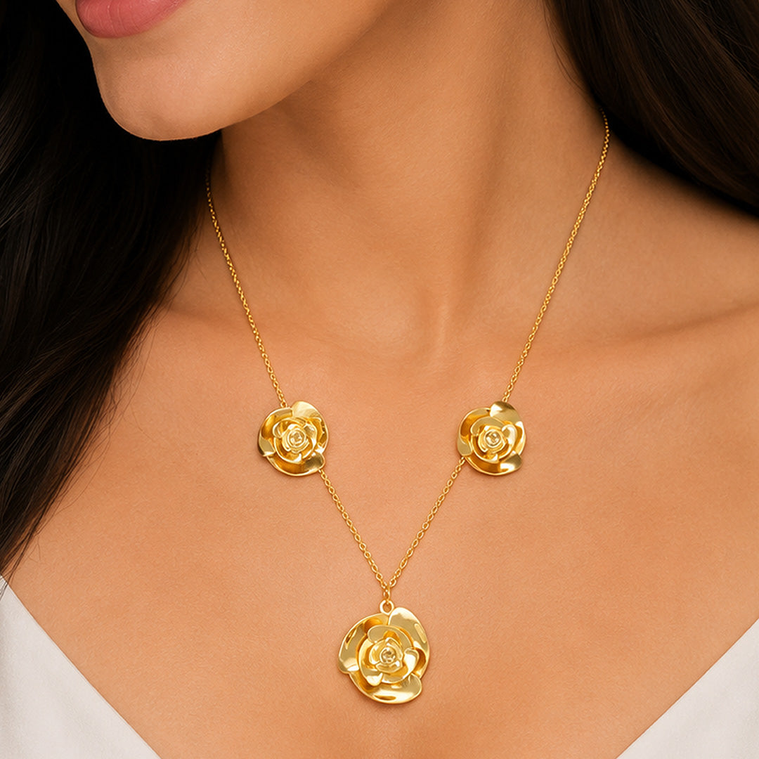 Blooming Camellia Trio Golden Elegant Designer Pendant Chain