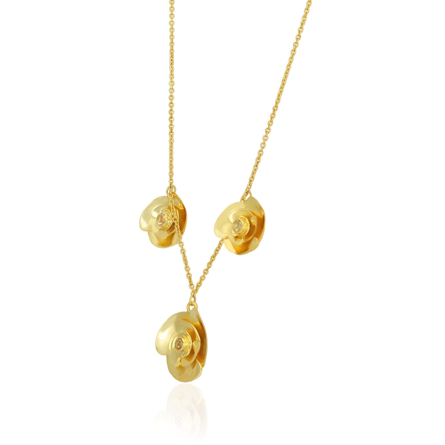 Blooming Camellia Trio Golden Elegant Designer Pendant Chain