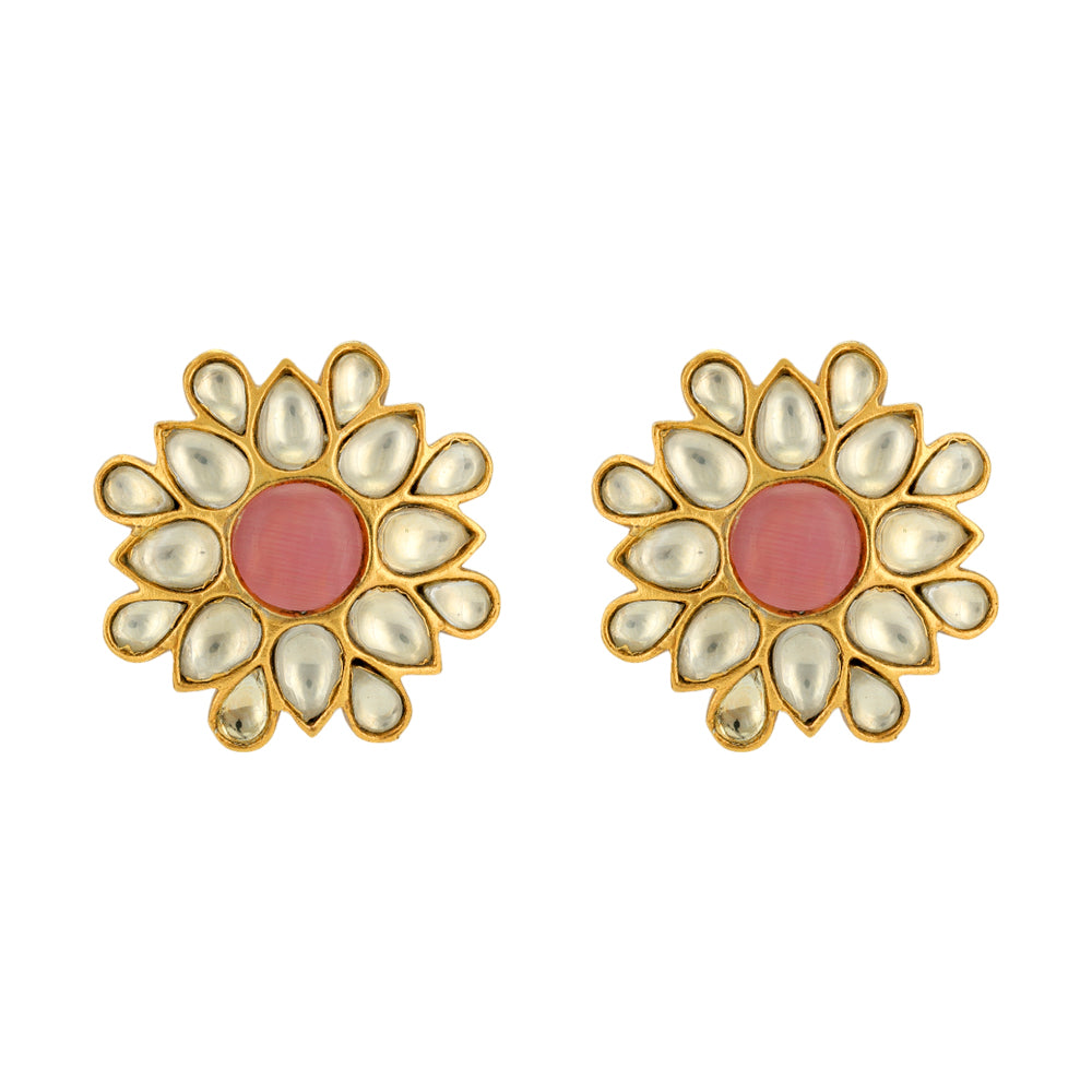 Blooming Polki 925 Gold Plated Rose Centered Earrings