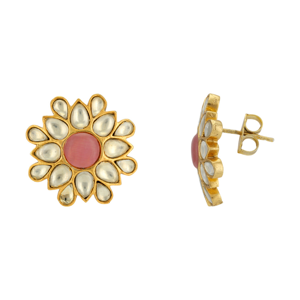 Blooming Polki 925 Gold Plated Rose Centered Earrings