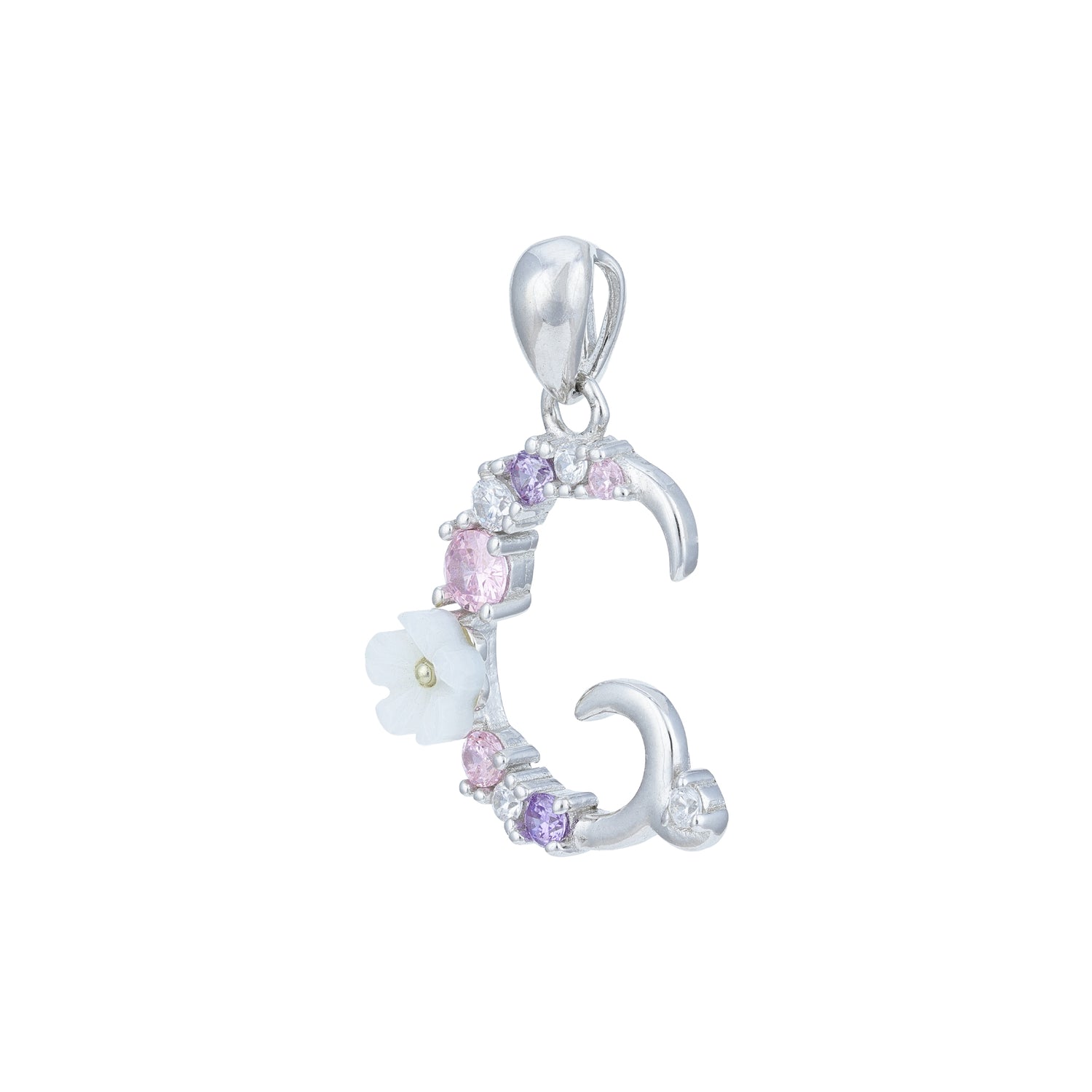 Silver pendant with floral design and colorful stones on a white background
