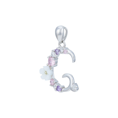 Silver pendant with floral design and colorful stones on a white background