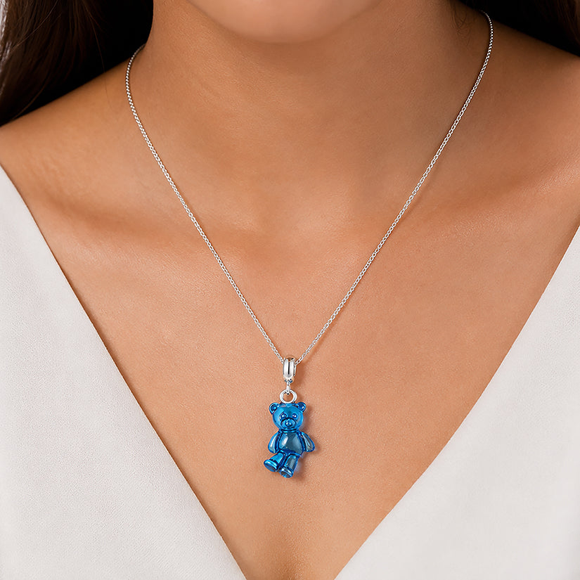 Blue Teddy 925 Sterling Silver Playful Bear Pendant