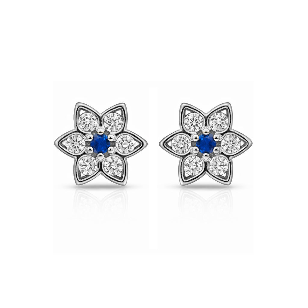 Flower-shaped earrings with blue centers and clear gemstones on a white background
