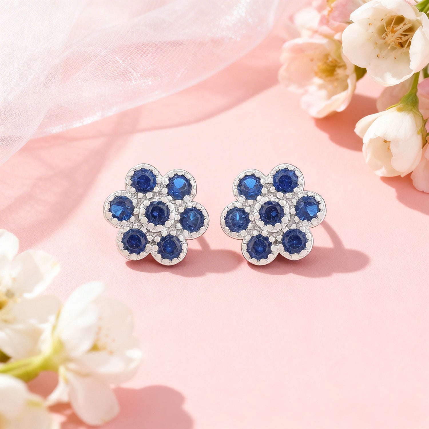 Blue Accent Blossom 925 Sterling Silver Stud for Women