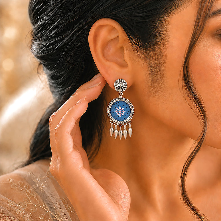 Blue Floral Golden Dangle 925 Sterling Silver Earring