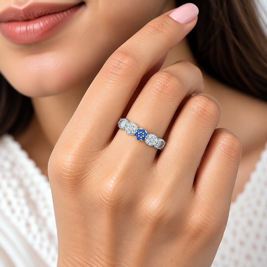 Blue Floral Accent 925 Sterling Silver Ring for Women