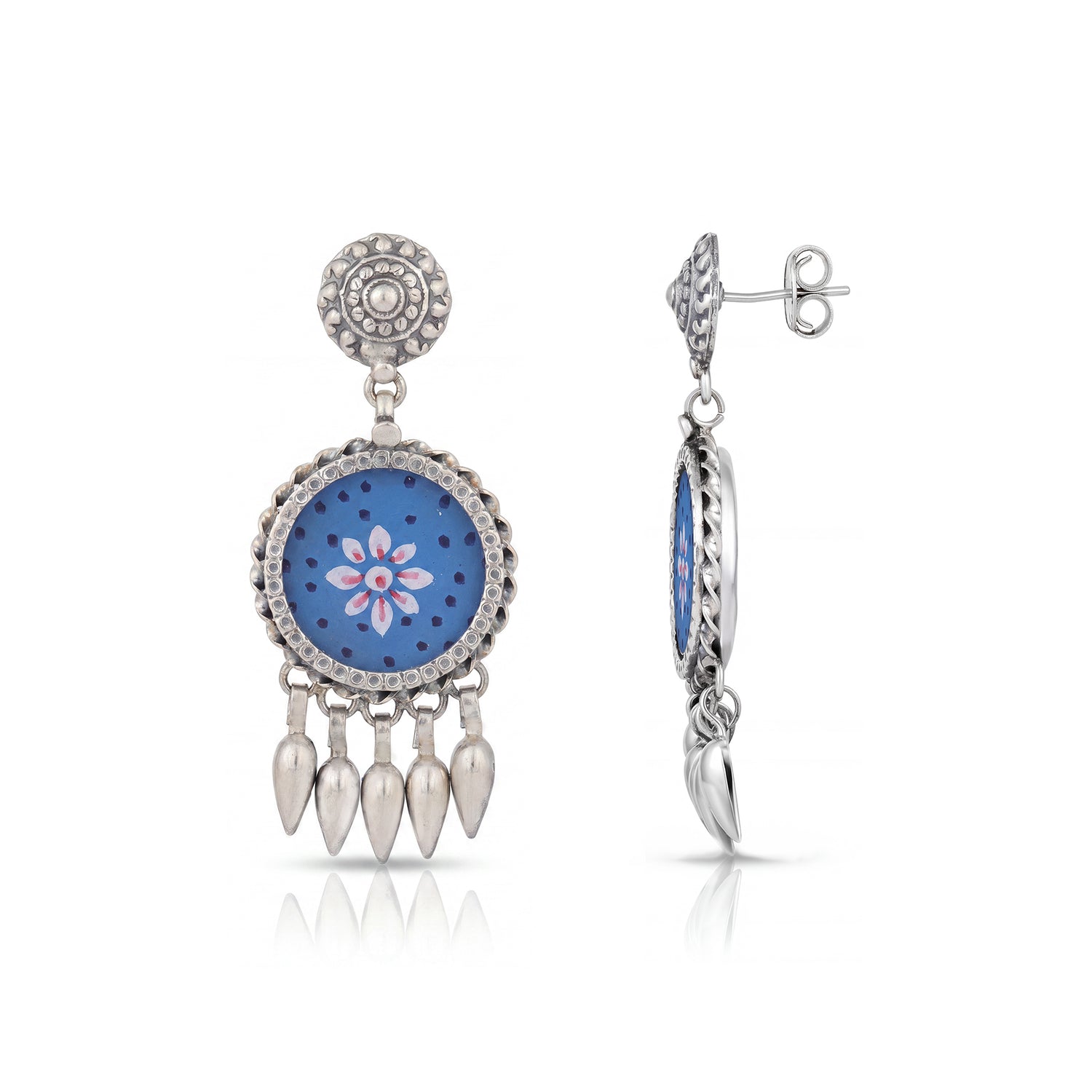 Blue Floral Golden Dangle 925 Sterling Silver Earring