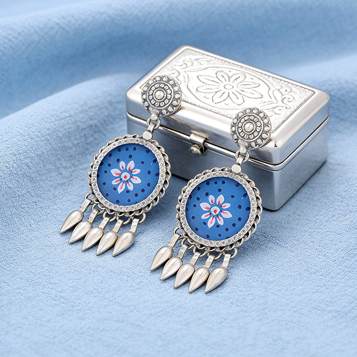 Blue Floral Golden Dangle 925 Sterling Silver Earring