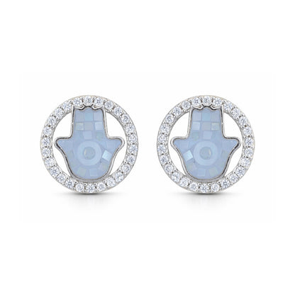 Pair of earrings with Hamsa design on a white background